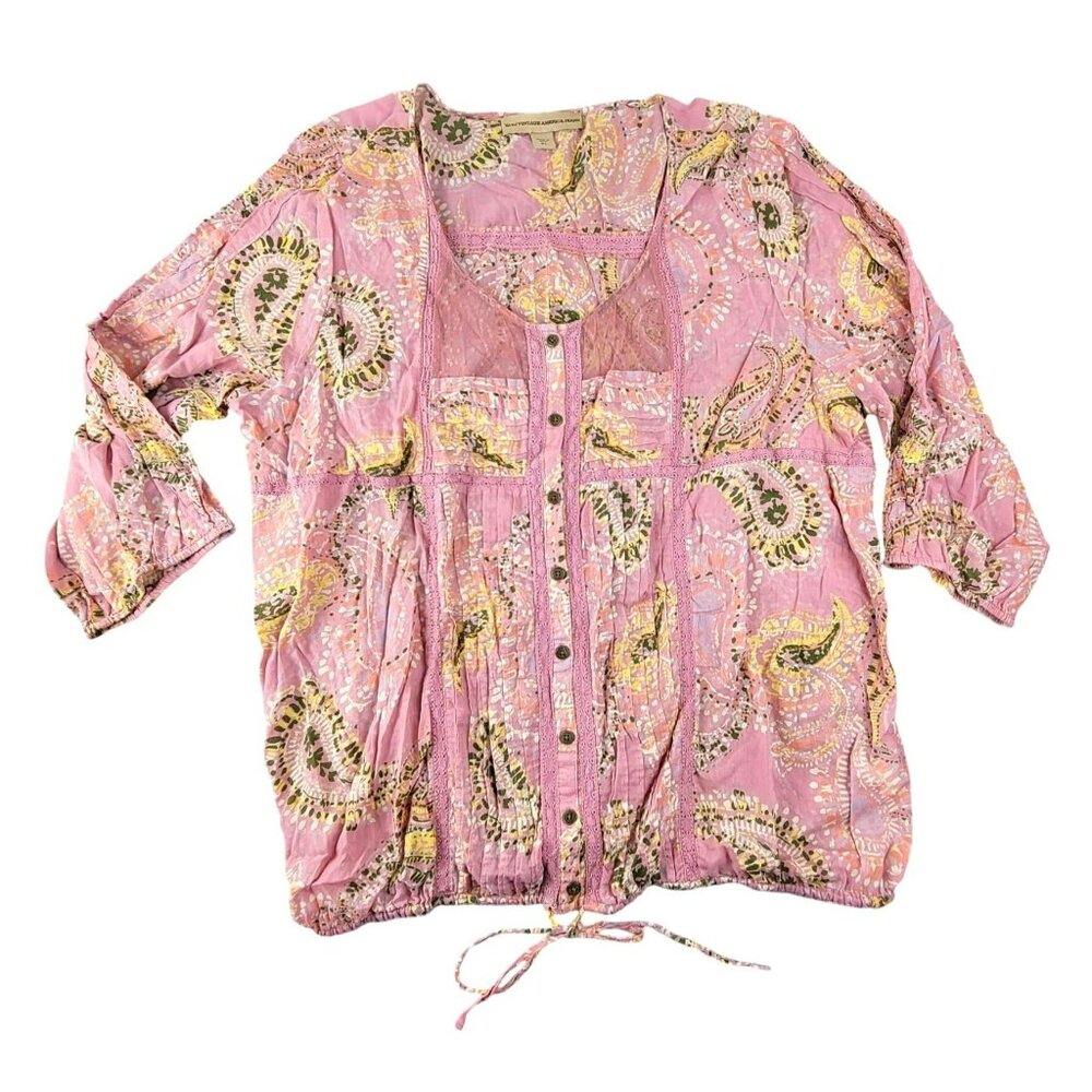Vintage American Boho Pink Paisley Tunic Top With Lace Accents Drawstring JH1806